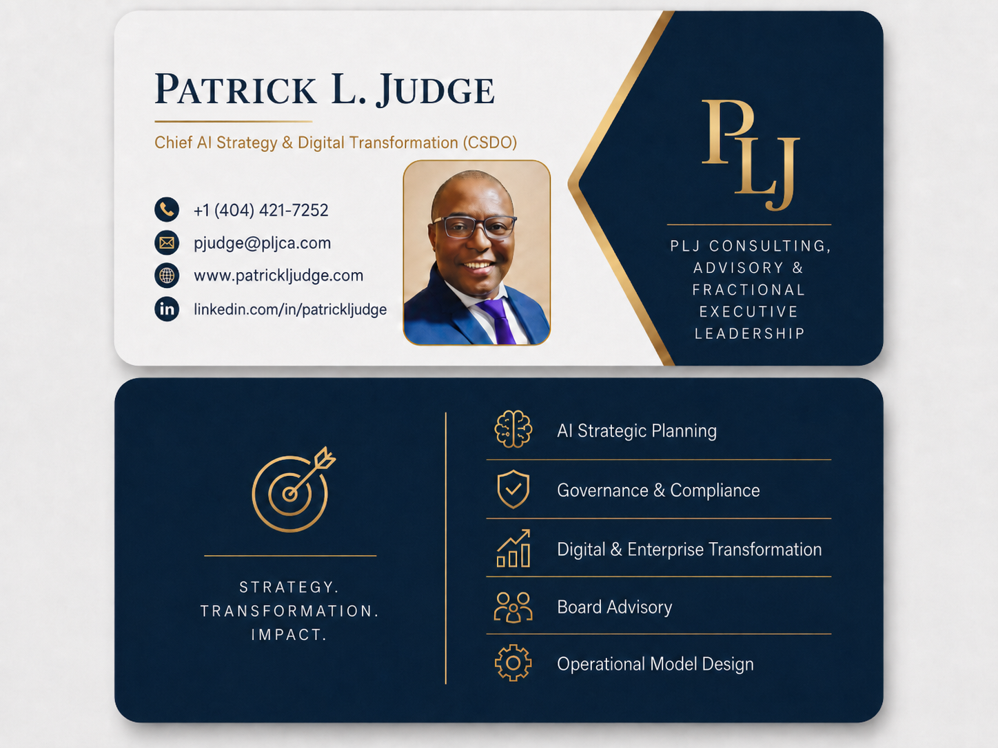 Patrick L. Judge digital business card with contact information, advisory services, and executive photo
